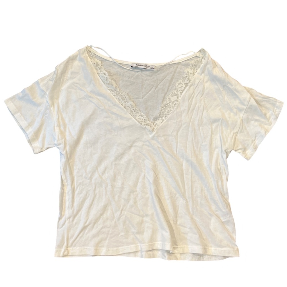 Zara cream vneck cropped tee with lace detailing SZ S NWOT